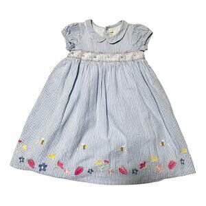 Jojo Maman Bebe Strawberry Bee Embroidered Smocked Seersucker Dress Size 4/5